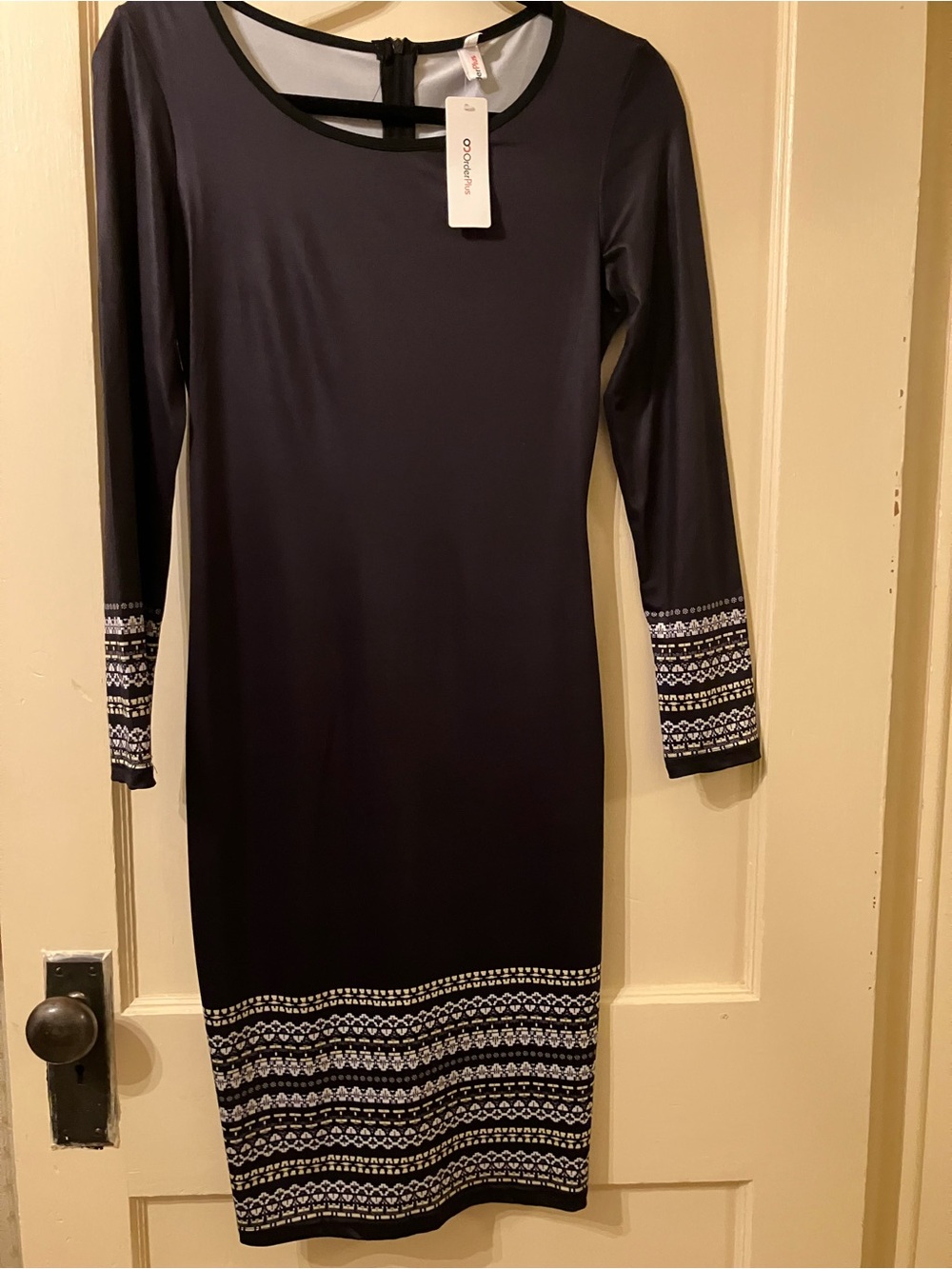 Black Long Sleeve Patterned Hem & Cuff Sheath Dress